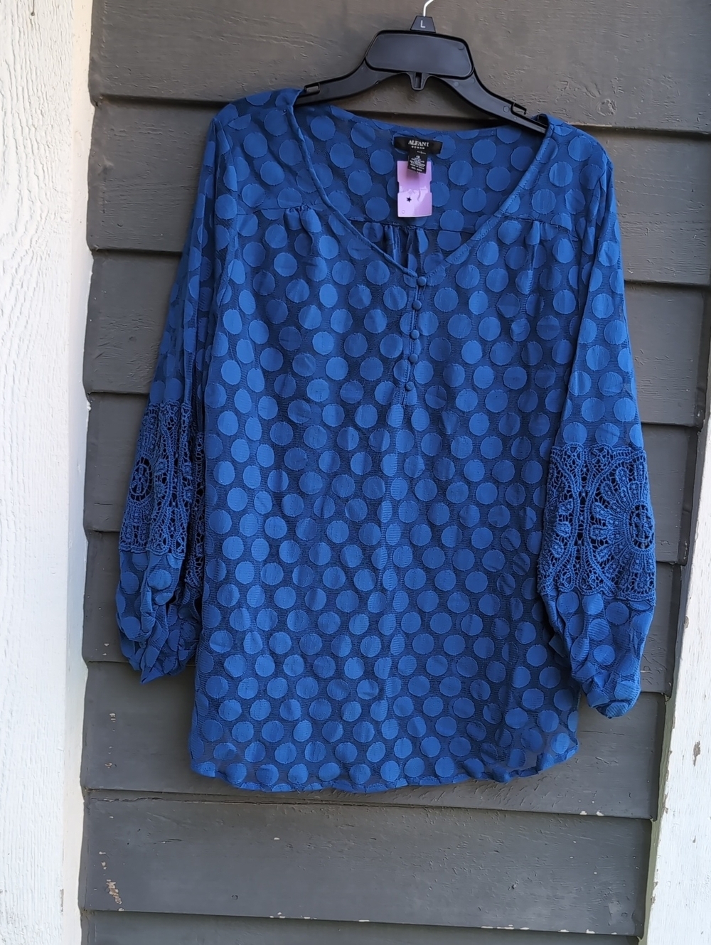 Alfani Royal Blue Dot-Texture Tunic with Crochet Sleeves Size 1 XL